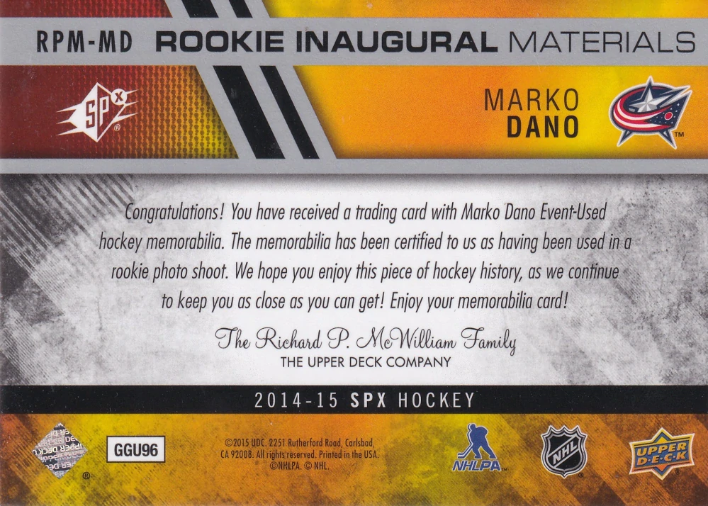 2014-15 UD SPx - Marko Daňo - Rookie Inaugural Materials #RPM-MD