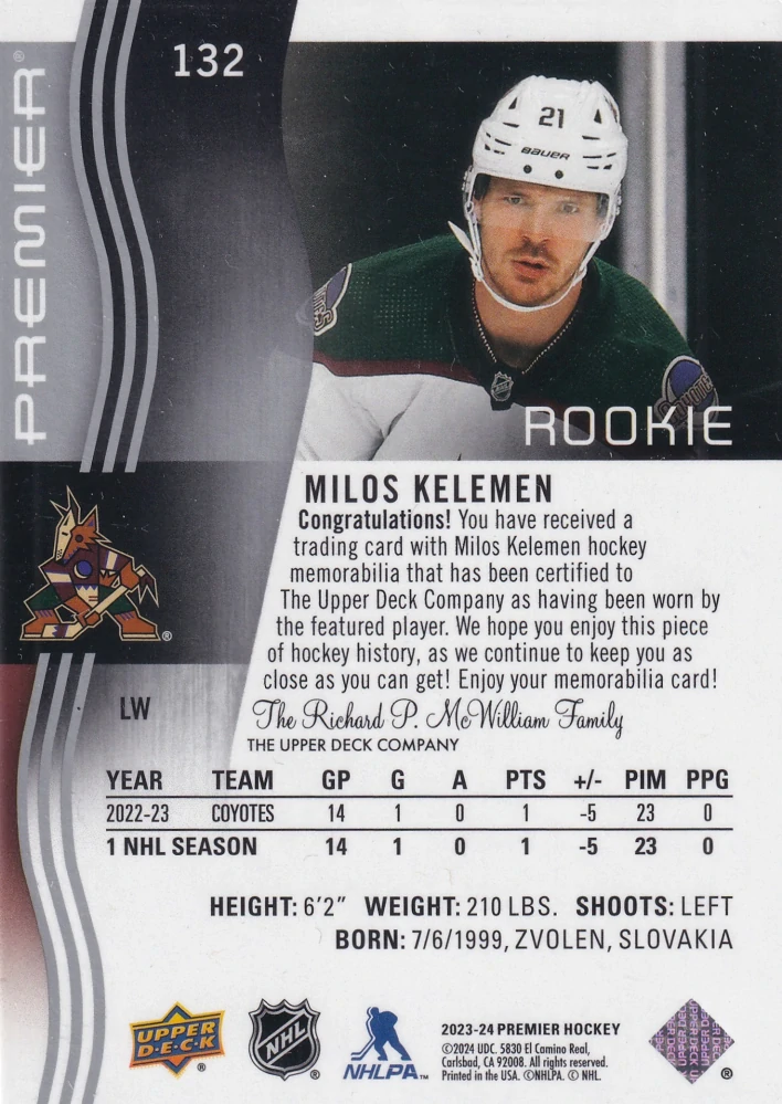 2023-24 UD Premier - Miloš Kelemen - Rookie Jersey #132