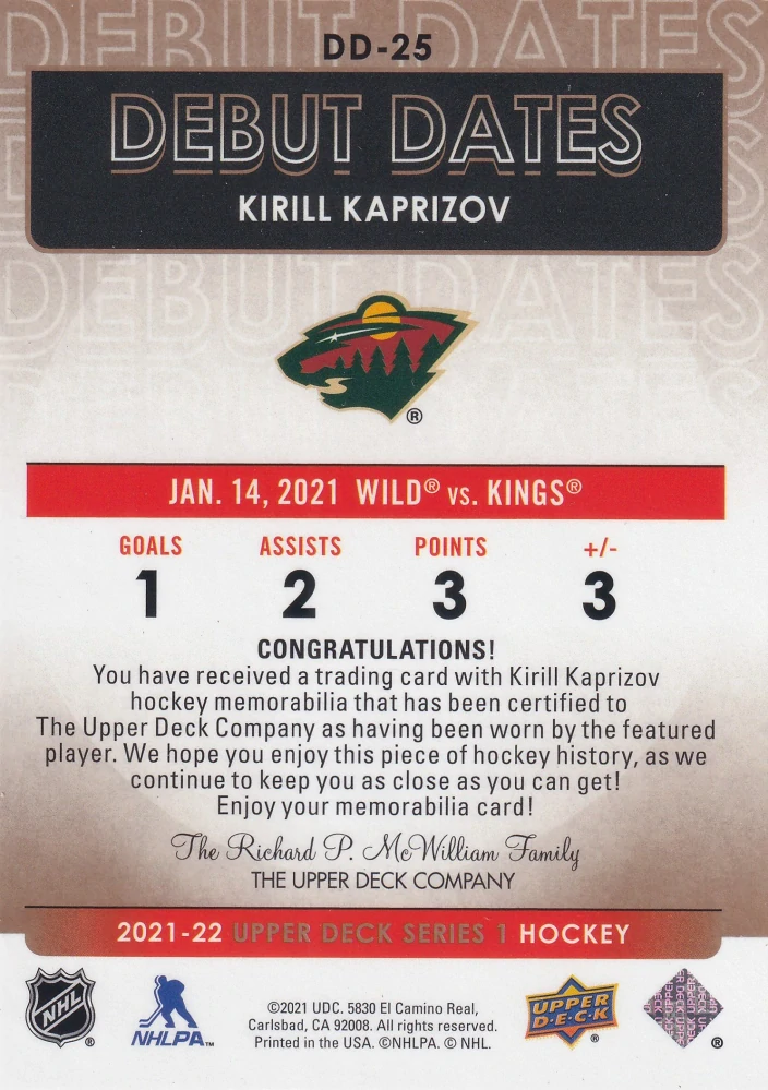 2021-22 UD Series 1 - Kirill Kaprizov - Debut Dates Jersey #DD-25