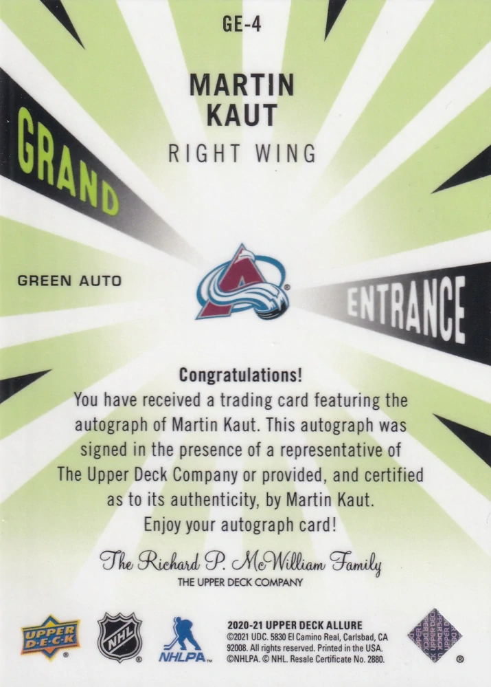 2020-21 UD Allure - Martin Kaut - Grand Entrance Green Autographs #GE-4