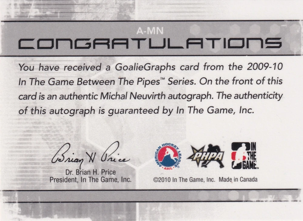 2009-10 ITG Between the Pipes - Michal Neuvirth - GoalieGraphs #A-MN