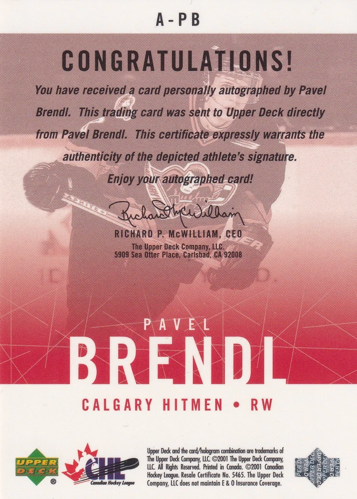 2000-01 UD Prospects CHL - Pavel Brendl - Autographs #A-PB