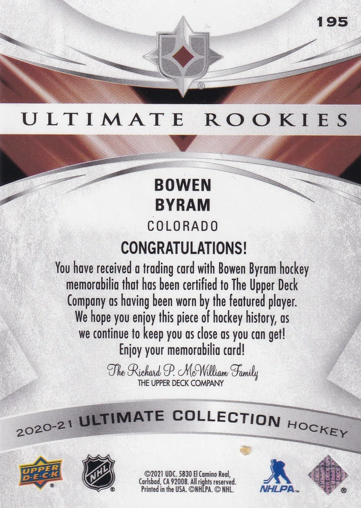 2020-21 UD Ultimate Collection - Bowen Byram - Ultimate Rookies Jersey /449 #195