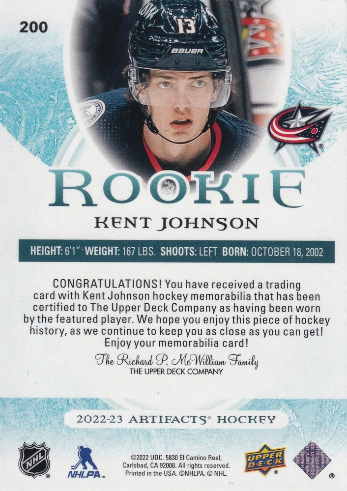 2022-23 UD Artifacts - Kent Johnson - Rookie Gold Material Relic /599 #200