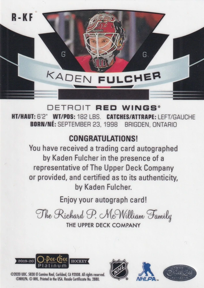 2019-20 UD O-Pee-Chee Platinum - Kaden Fulcher - Rookie Autos #R-KF