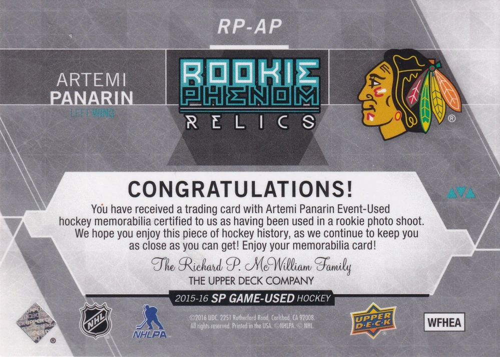 2015-16 UD SP Game Used - Artemi Panarin - Rookie Phenom Relics /125 #RP-AP