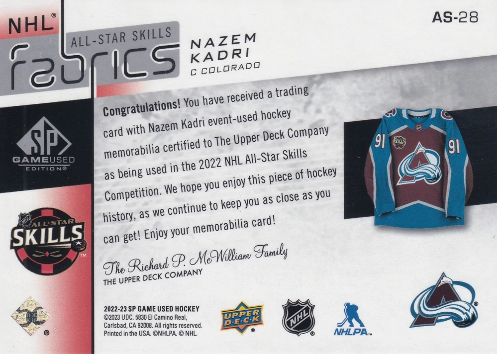 2022-23 UD SP Game Used - Nazem Kadri - All-Star Skills Fabrics #AS-28