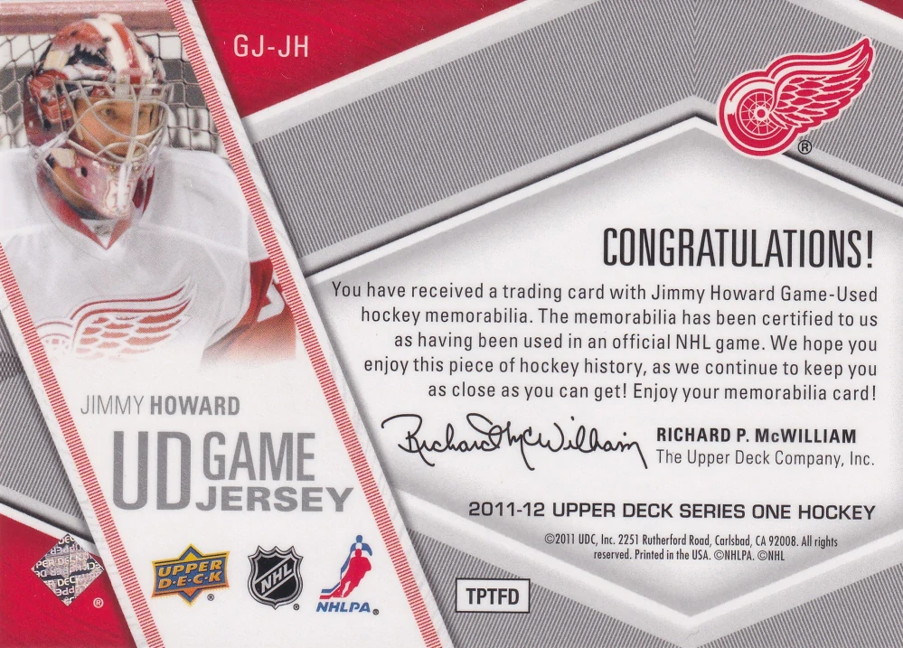 2011-12 UD Series 1 - Jimmy Howard - UD Game Jersey #GJ-JH