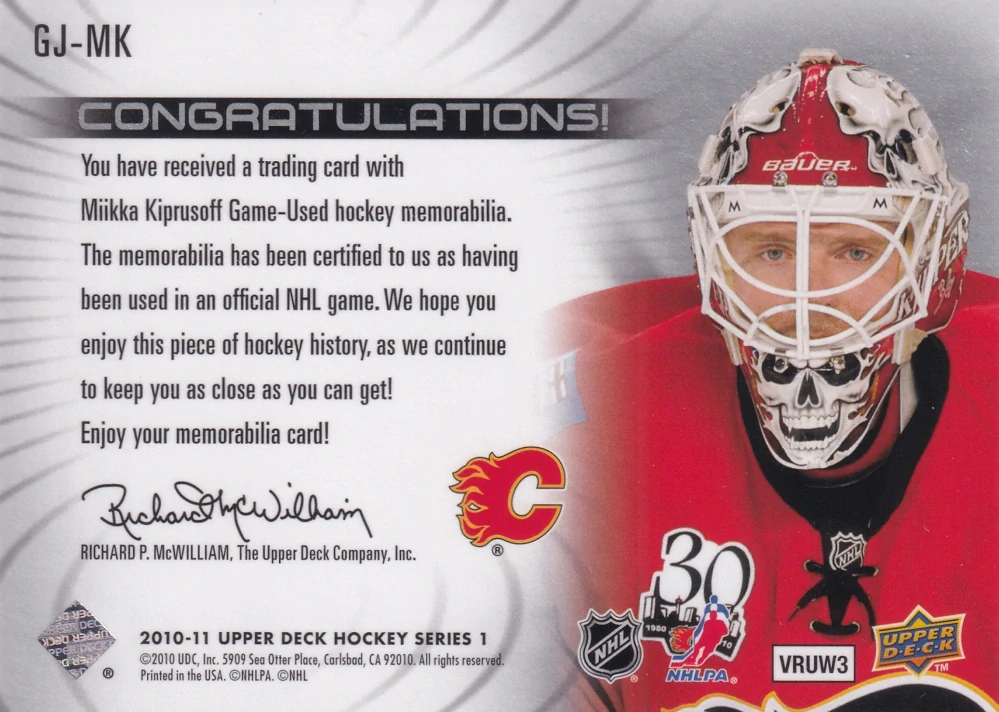 2010-11 UD Series 1 - Miikka Kiprusoff - UD Game Jersey #GJ-MK