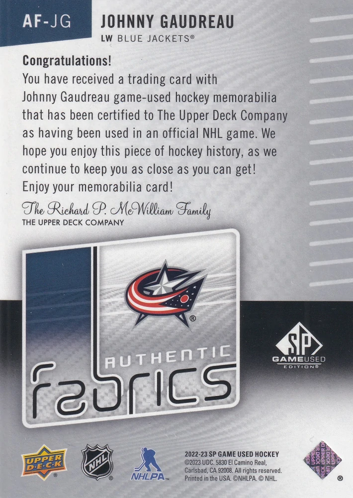 2022-23 UD SP Game Used - Johnny Gaudreau - Authentic Fabrics #AF-JG