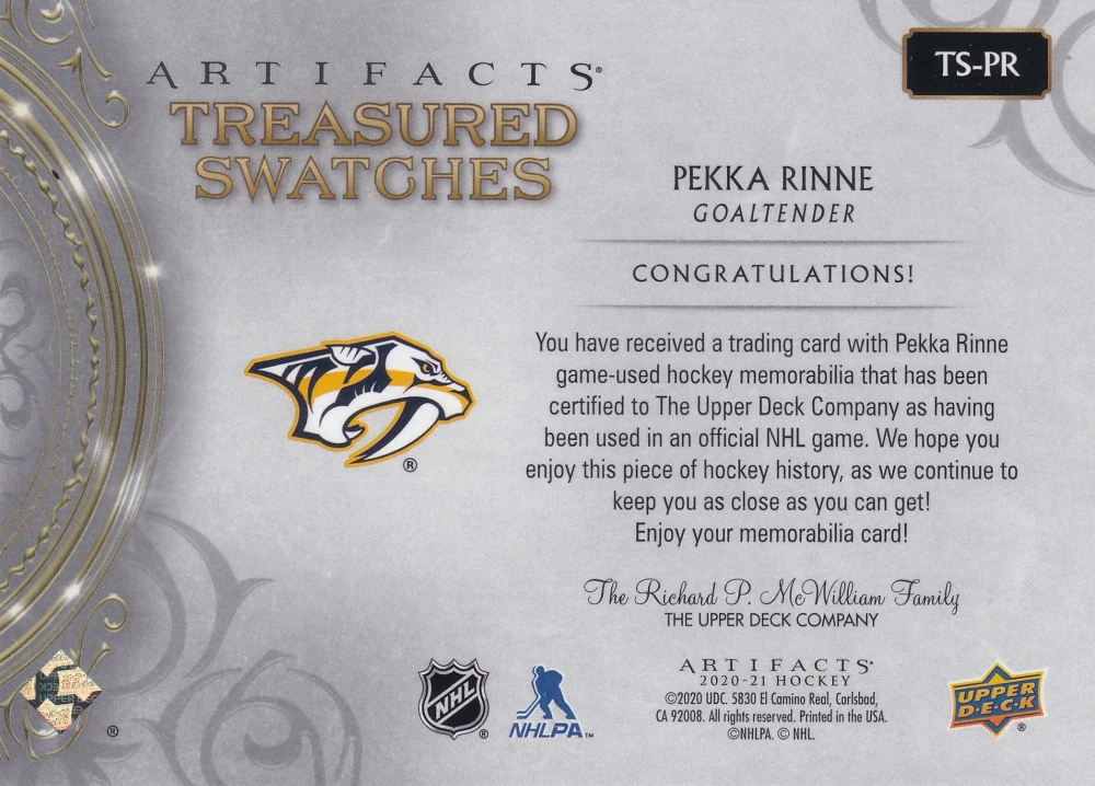 2020-21 UD Artifacts - Pekka Rinne - Treasured Swatches #TS-PR