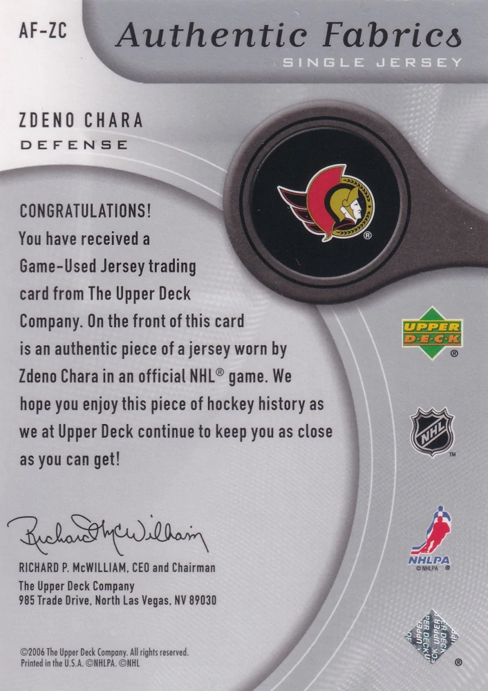 2005-06 UD SP Game Used - Zdeno Chára - Authentic Fabrics #AF-ZC