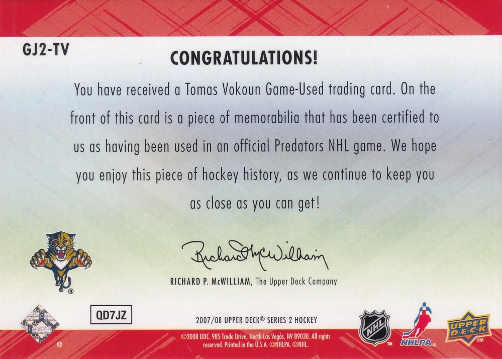2007-08 UD Series 2 - Tomáš Vokoun - Game Jersey #GJ2-TV