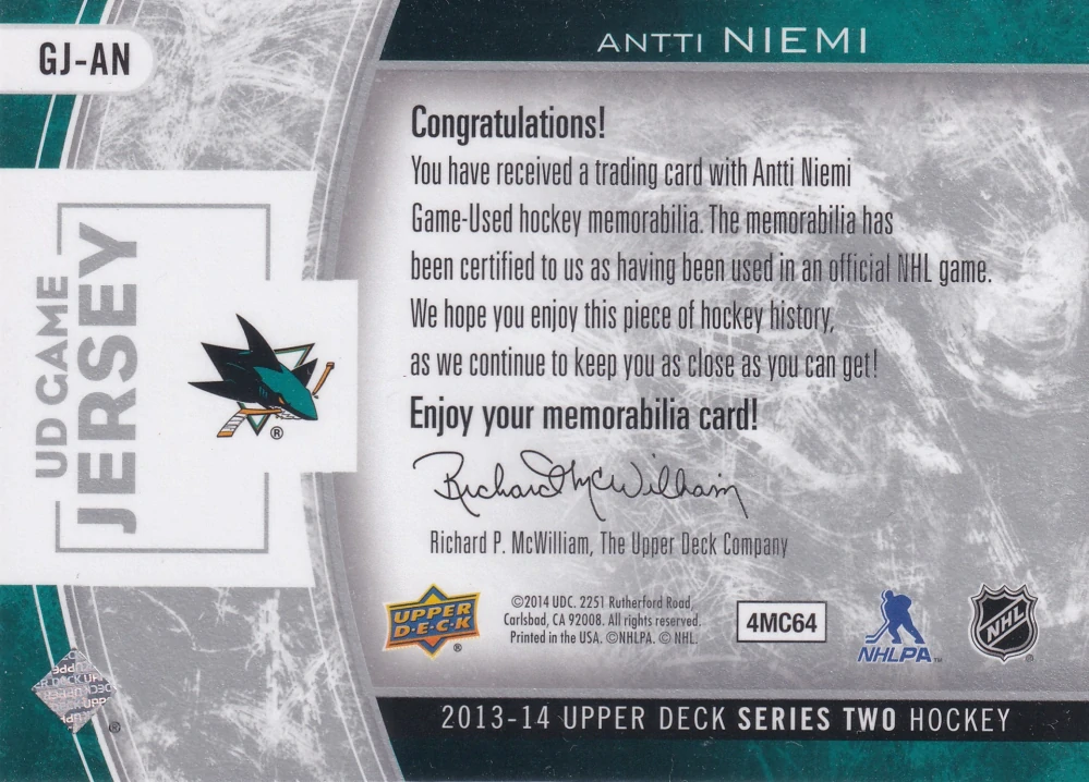 2013-14 UD Series 2 - Antti Niemi - UD Game Jersey #GJ-AN
