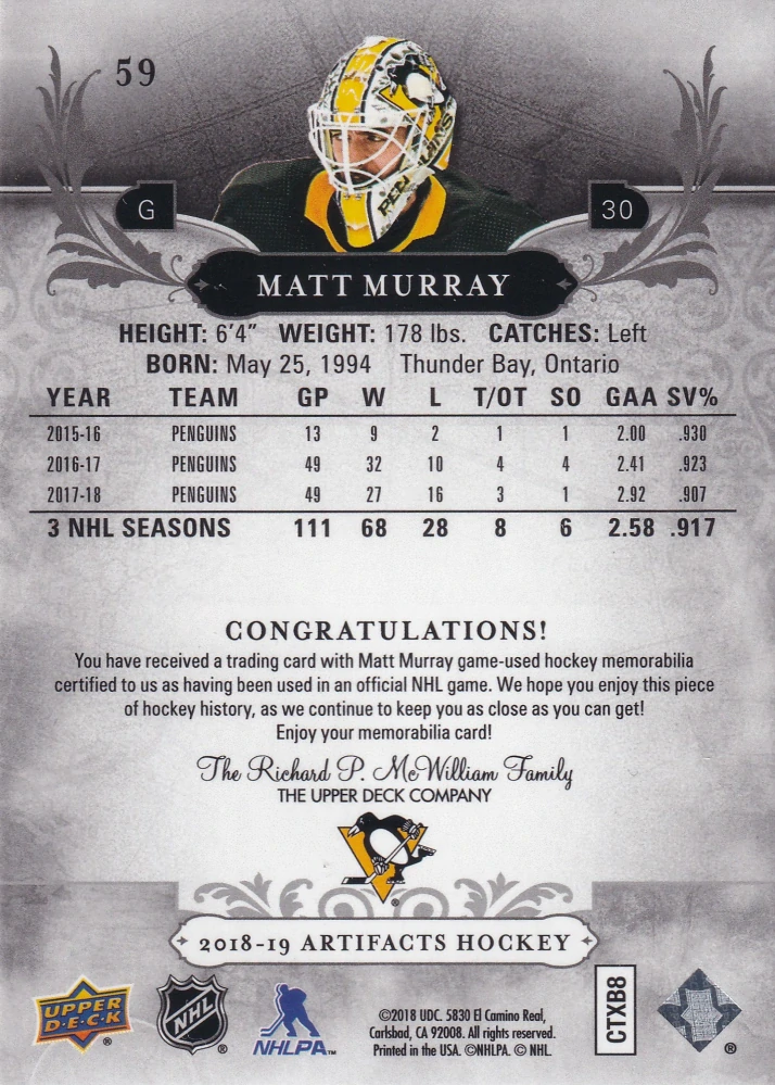 2018-19 UD Artifacts - Matt Murray - Silver Relics /165 #59