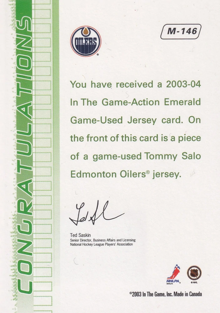 2003-04 ITG Action - Tommy Salo - Emerald Game Used Jersey #M-146