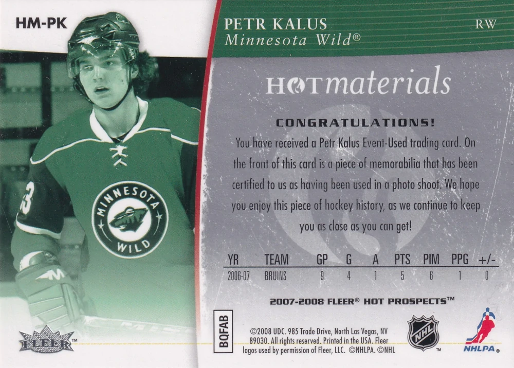 2007-08 Fleer Hot Prospects - Petr Kalus - Hot Materials #HM-PK