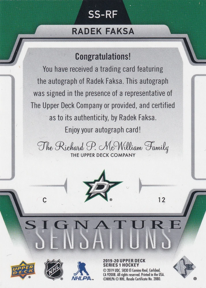 2019-20 UD Series 1 - Radek Faksa - Signature Sensations #SS-RF