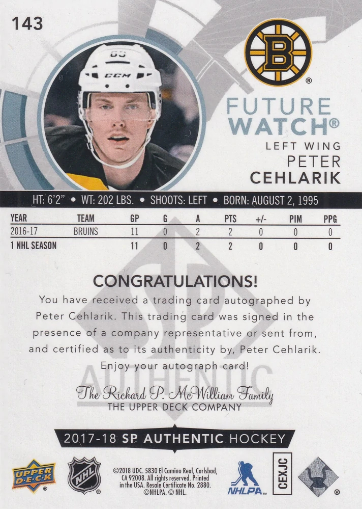 2017-18 UD SP Authentic - Peter Cehlárik - Autographed Future Watch /999 #143