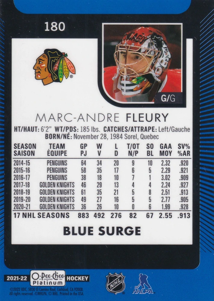2021-22 UD O-Pee-Chee Platinum - Marc-Andre Fleury - Blue Surge #180