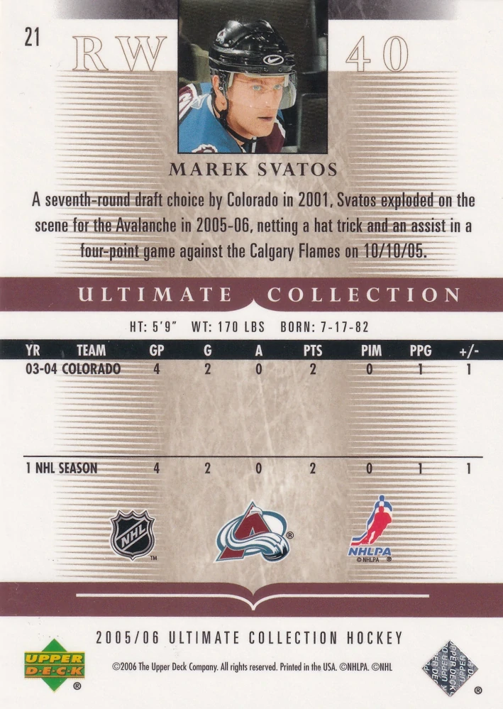 2005-06 UD Ultimate Collection - Marek Svatoš /599 #21