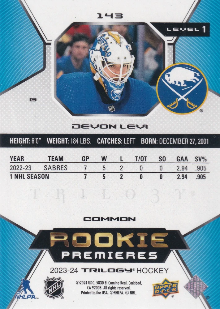 2023-24 UD Trilogy - Devon Levi - Rookie Premieres Level 1 /999 #143