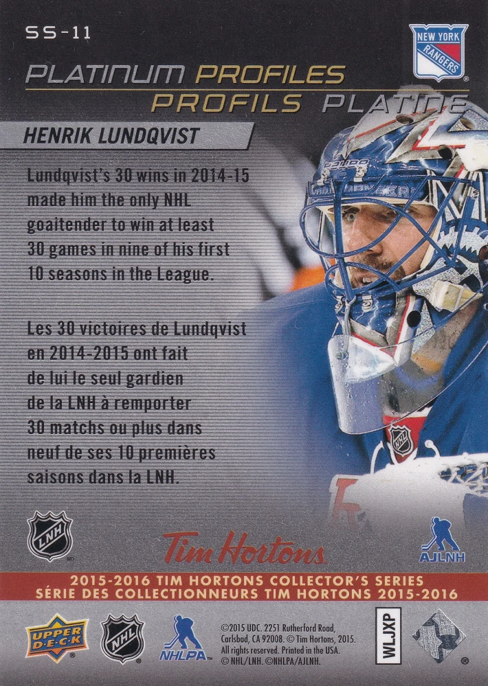 2015-16 UD Tim Hortons Collector's Series - Henrik Lundqvist - Platinum Profiles #SS-11