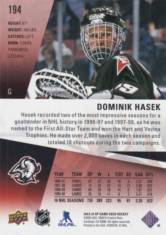 2023-24 UD SP Game Used - Dominik Hašek - Red /259 #194