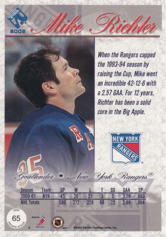2001-02 Pacific Private Stock - Mike Richter - Gold /106 #65