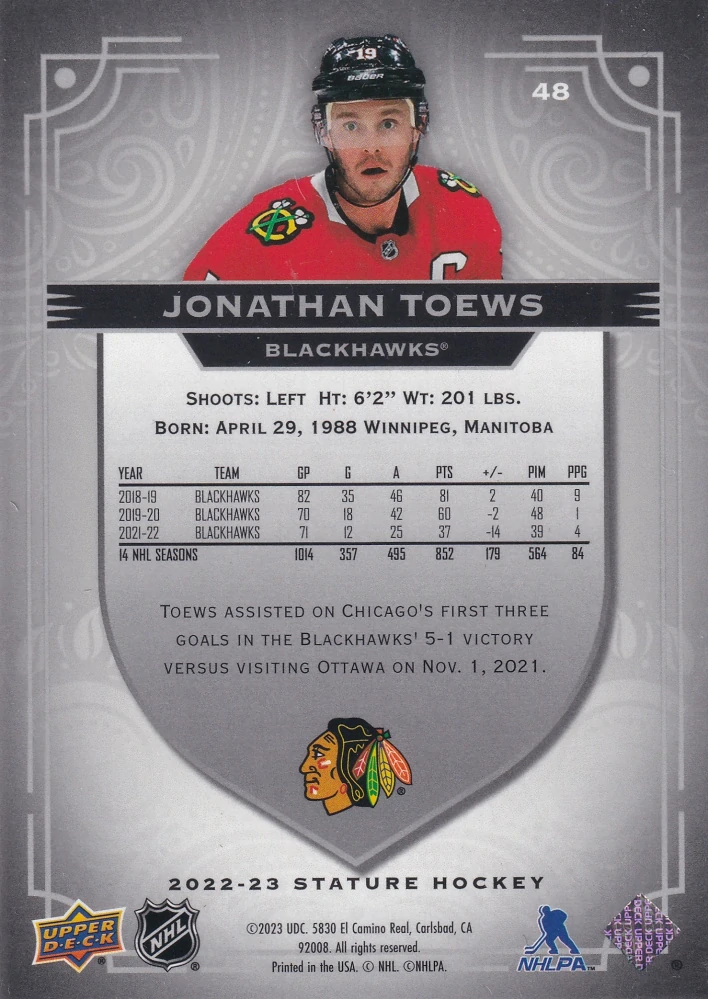 2022-23 UD Stature - Jonathan Toews #48