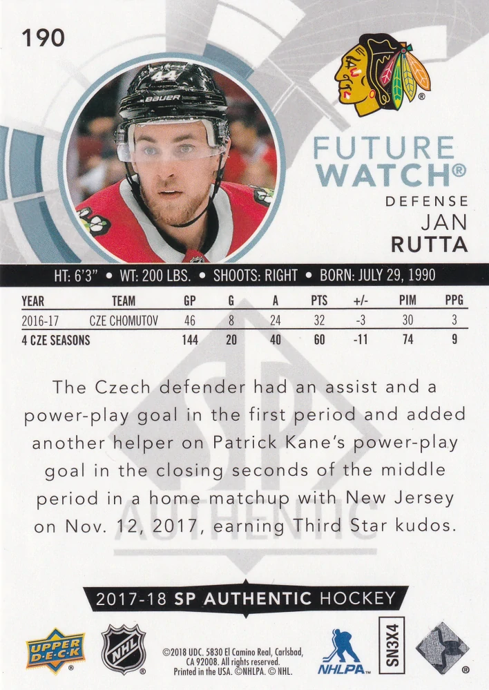 2017-18 UD SP Authentic - Jan Rutta - Future Watch /999 #190