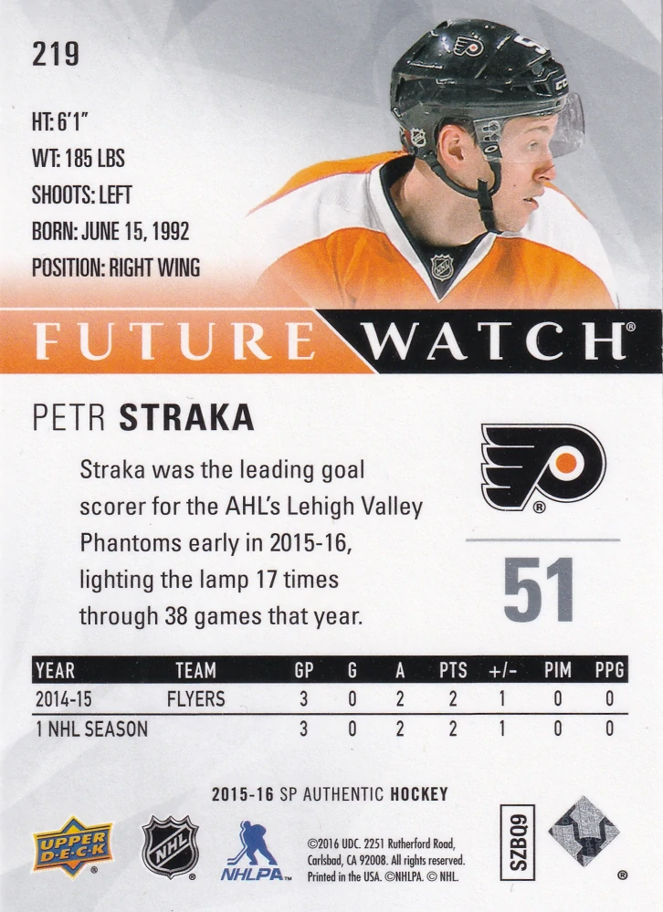 2015-16 UD SP Authentic - Petr Straka - Future Watch /999 #219