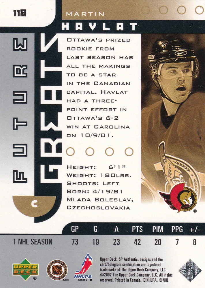 2001-02 UD SP Authentic - Martin Havlát - Future Greats /3500 #118