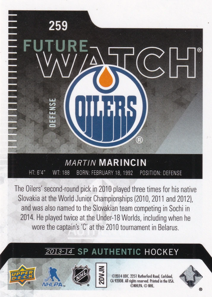 2013-14 UD SP Authentic - Martin Marinčin - Future Watch /1299 #259