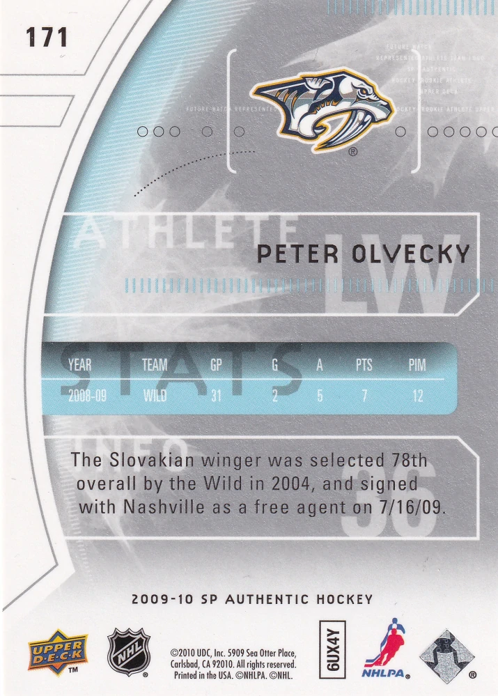 2009-10 UD SP Authentic - Peter Olvecký - Future Watch /999 #171