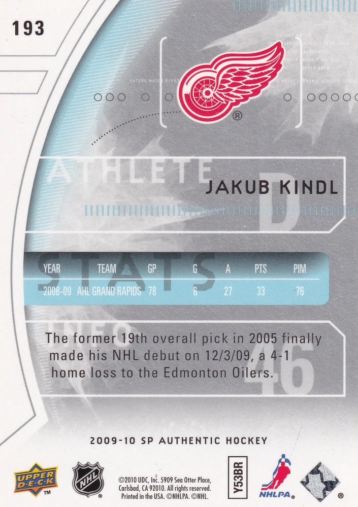 2009-10 UD SP Authentic - Jakub Kindl - Future Watch /999 #193