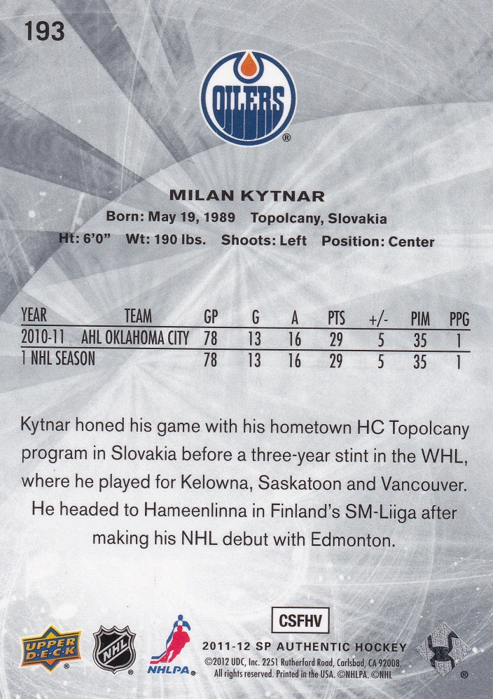 2011-12 UD SP Authentic - Milan Kytnár - Future Watch /999 #193