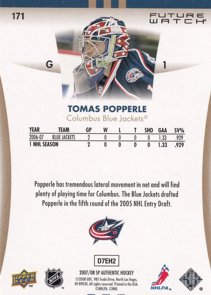 2007-08 UD SP Authentic - Tomáš Popperle - Future Watch /999 #171