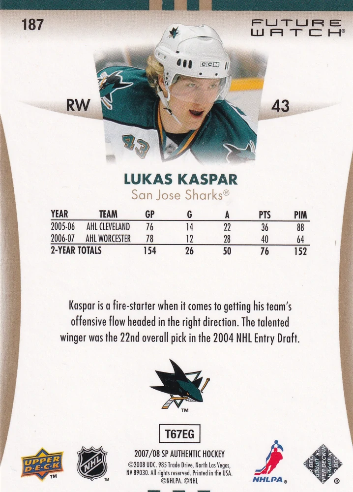 2007-08 UD SP Authentic - Lukáš Kašpar - Future Watch /999 #187