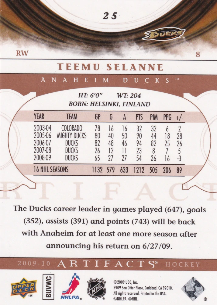 2009-10 UD Artifacts - Teemui Selanne #25