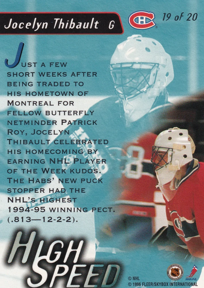 1995-96 Fleer Ultra Extra - Jocelyn Thibault - High Speed #19