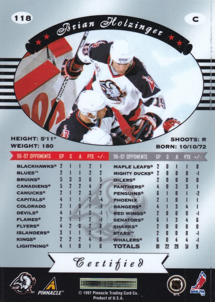 1997-98 Pinnacle Certified - Brian Holzinger - Certified Red #118