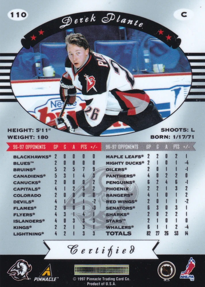 1997-98 Pinnacle Certified - Derek Plante - Certified Red #110