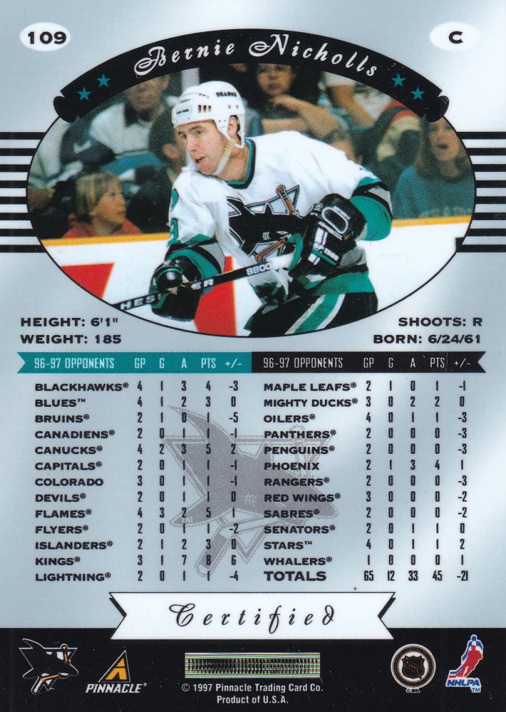 1997-98 Pinnacle Certified - Bernie Nicholls - Certified Red #109