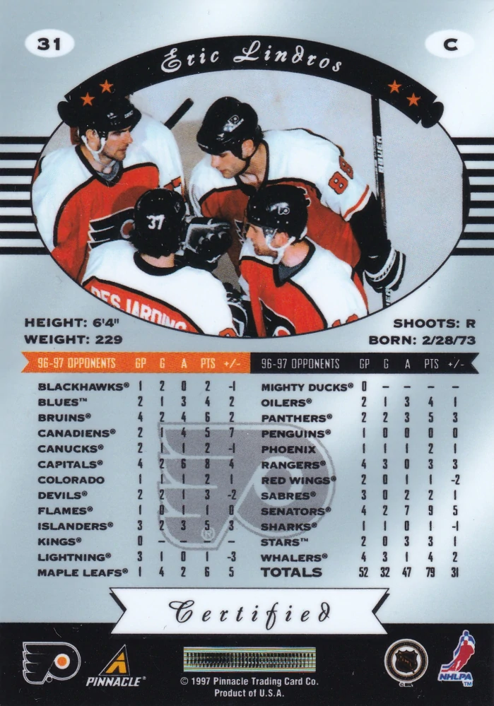 1997-98 Pinnacle Certified - Eric Lindros - Certified Red #31