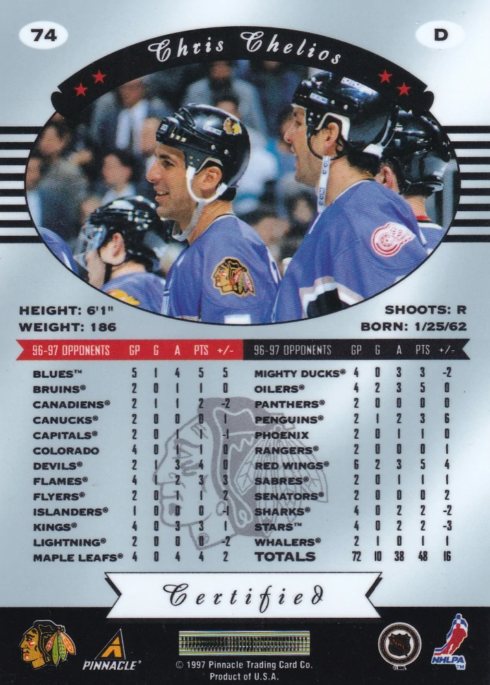 1997-98 Pinnacle Certified - Chris Chelios - Certified Red #74