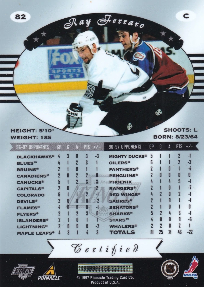 1997-98 Pinnacle Certified - Ray Ferraro - Certified Red #82