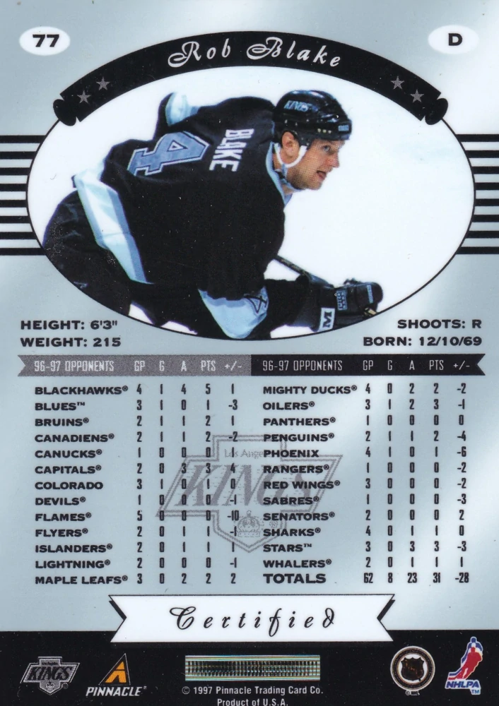 1997-98 Pinnacle Certified - Rob Blake - Certified Red #77