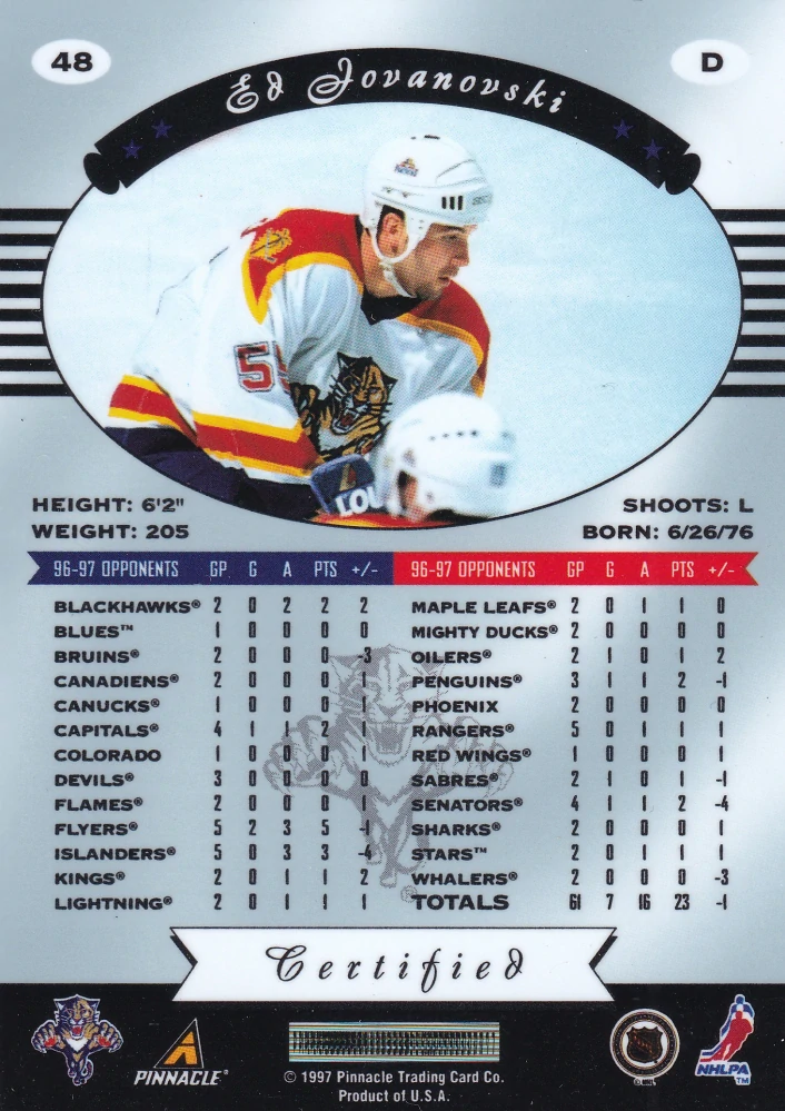 1997-98 Pinnacle Certified - Ed Jovanovski - Certified Red #48