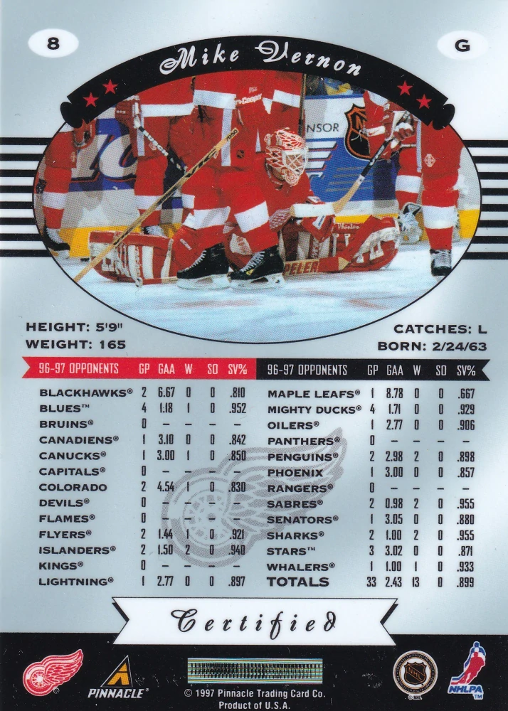1997-98 Pinnacle Certified - Mike Vernon - Certified Red #8